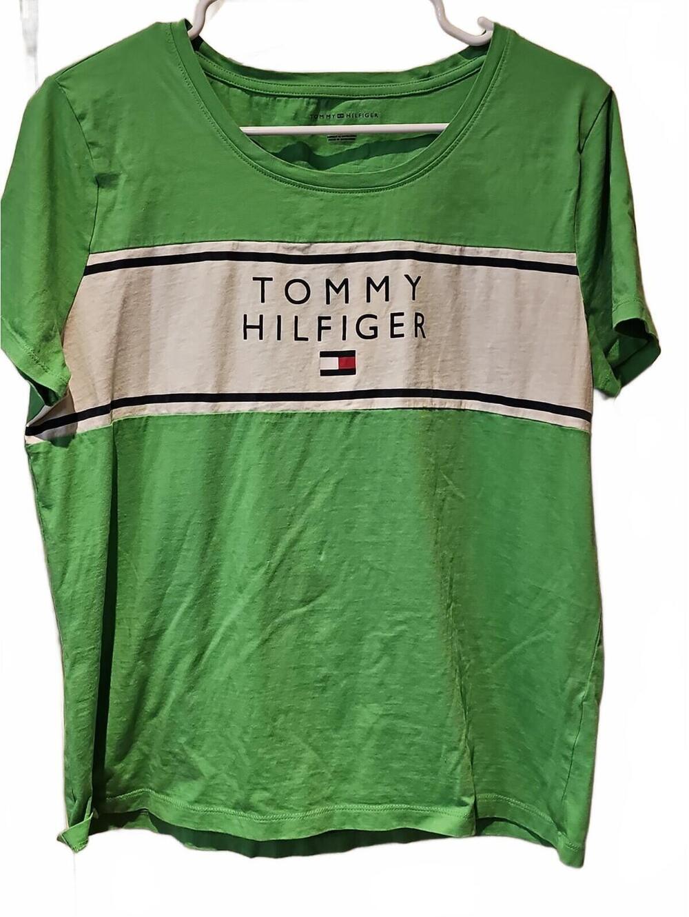 Tommy Hilfiger green Color Block 100% Cotton T-shirt logo graphic Size L